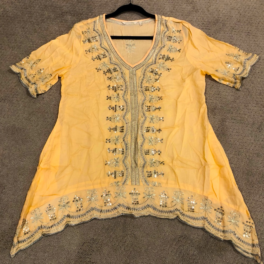 New Soft Surroundings Womens Peach Short Sleeve Sequin Catalina Tunic Top Large